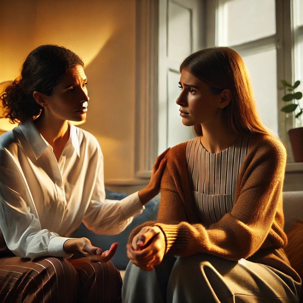 遠距離恋愛で別れるか結婚するか迷って友達に相談する女性